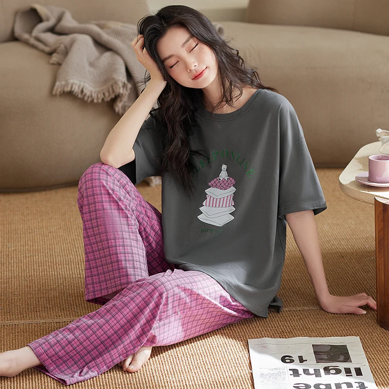 Women Nightwear Suit Summer Short Sleeve Cartoon Tops + Plaid Long Pants Pajamas Casual Tracksuit Homewear Big Yards 3XL Pijama