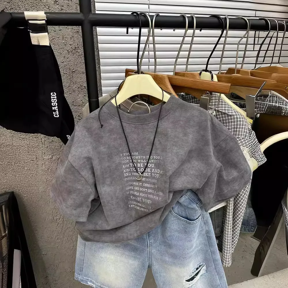 2026 Printed Small Letter Short Sleeve T-shirt Children Pure Cotton Summer New Style Boy Western-style Korean Version Top