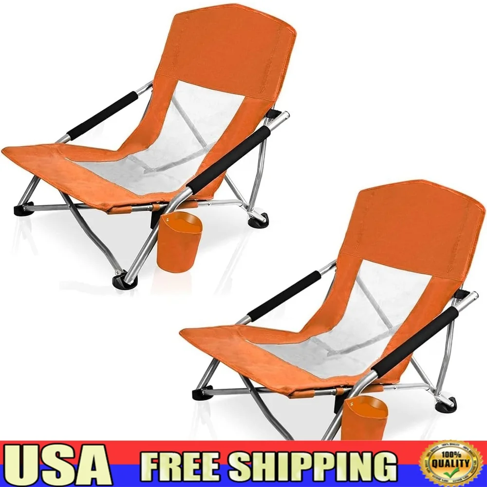 

Folding Beach Chairs 2 Pack Portable Outdoor Camping Chairs with Cup Holder Pocket and Headrest Lightweight Easy Transport