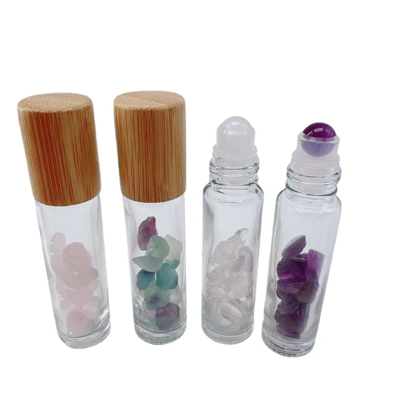 4 PCS Healing Crystal Gemstone Roller Bottles with Bamboo Lids for Perfumes Aromatherapy Oils Rose Quartz fluorite Amethyst