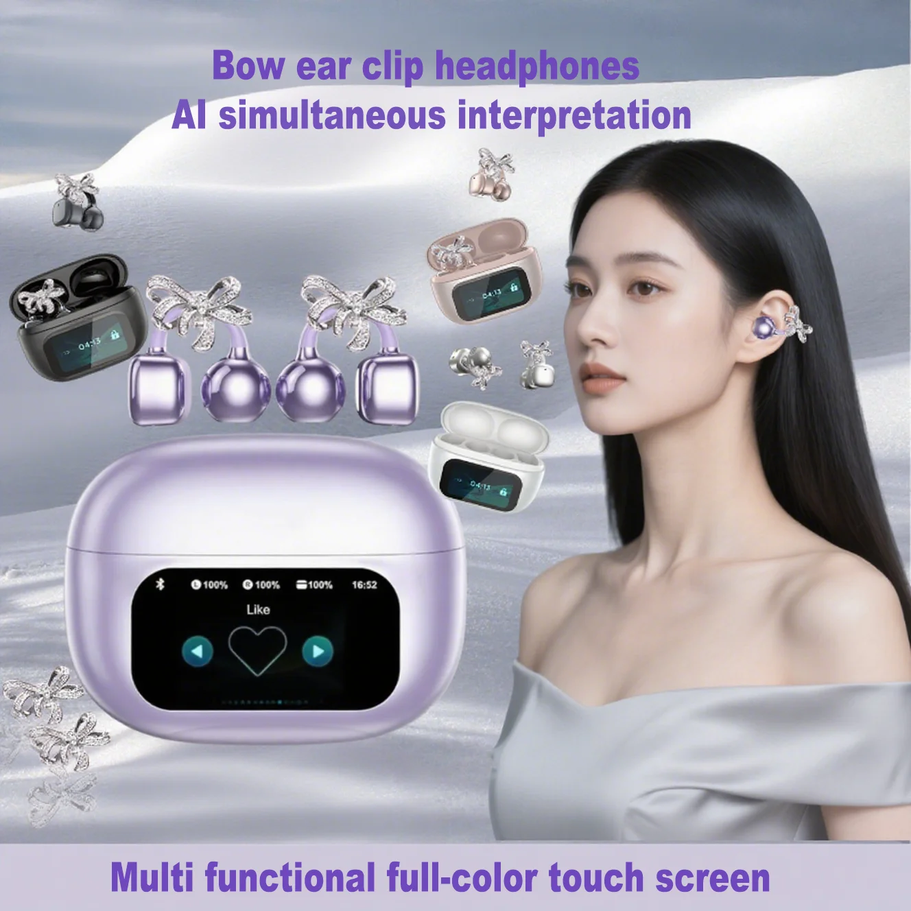 

Touch Screen Bluetooth Earbuds Butterfly Earrings AI Translator Noise Canceling Wireless Headphones With Mic Long Battery Life