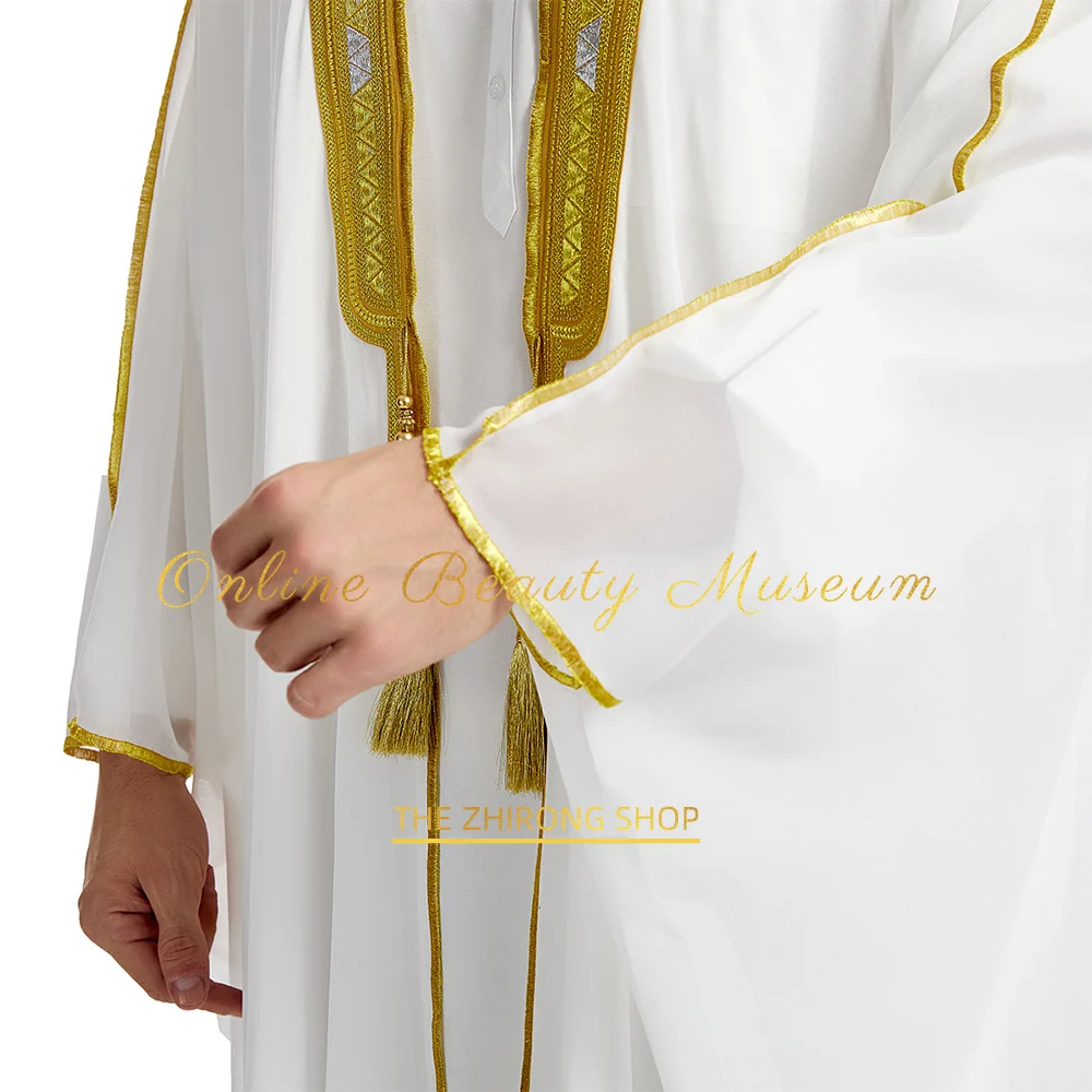 Abaya men's long robe, embroidered long sleeved Arab men gold bead chiffon outer garment Caftan for daily outfit wedding party