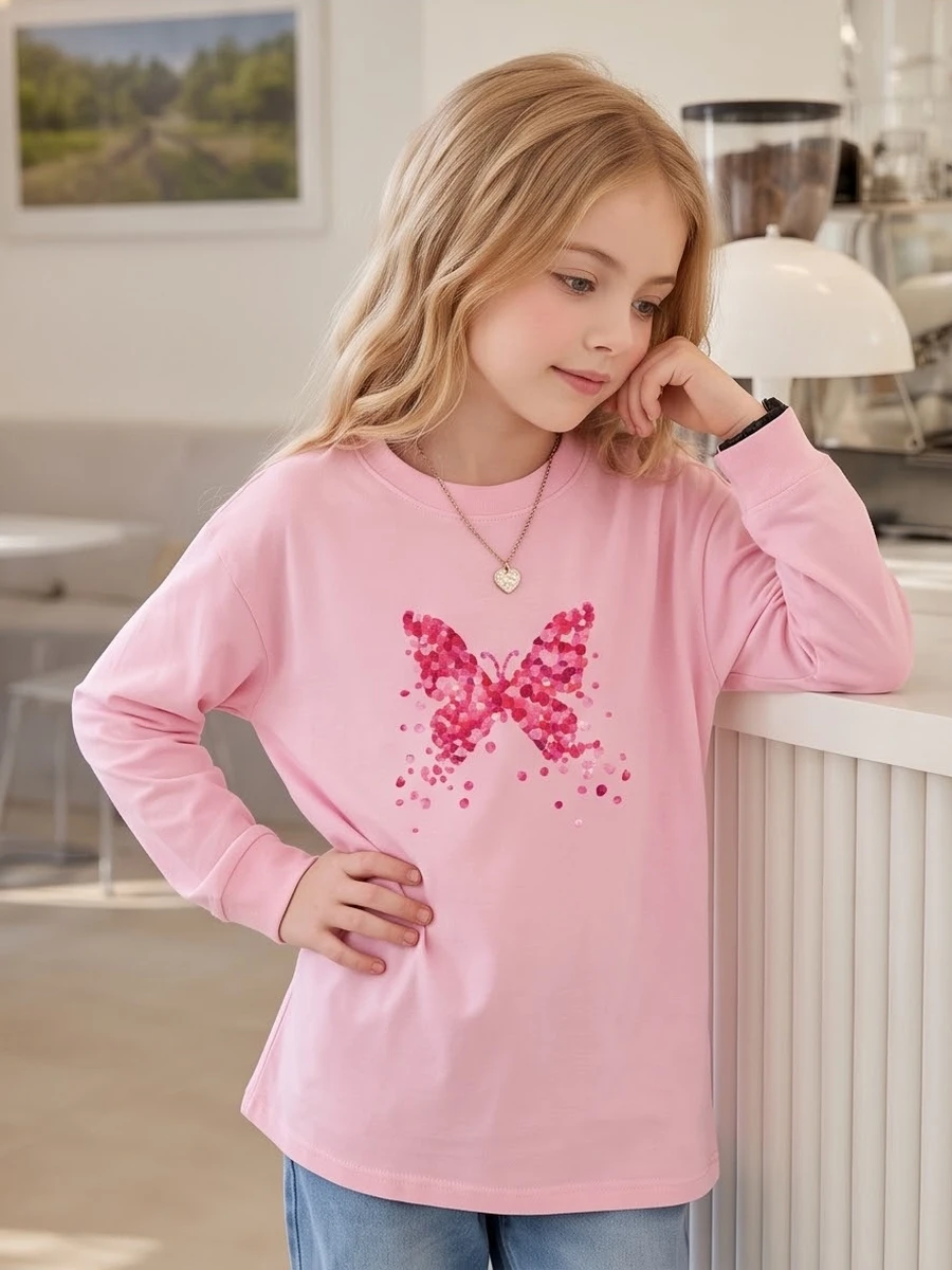 Girls Cotton Long Sleeve T-shirt Petal Butterfly Print Casual Tee Spring Autumn Kids Top Size 100-170cm