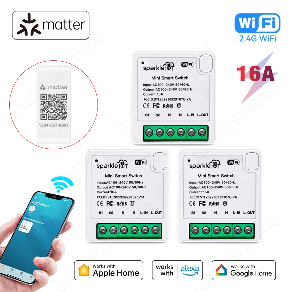 Matter WiFi Smart Switch Mini Universal Breaker 16A Smart Home Automation Relay Module Works with Homekit Siri Alexa Google Home