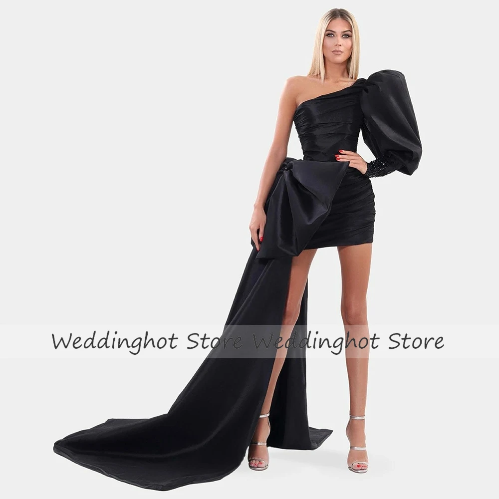 Mini Cocktail Dresses for Women with Train Big Bow Black Satin Evening Dress Puff Sleeve One Shoulder Crystal Sexy Party Gown