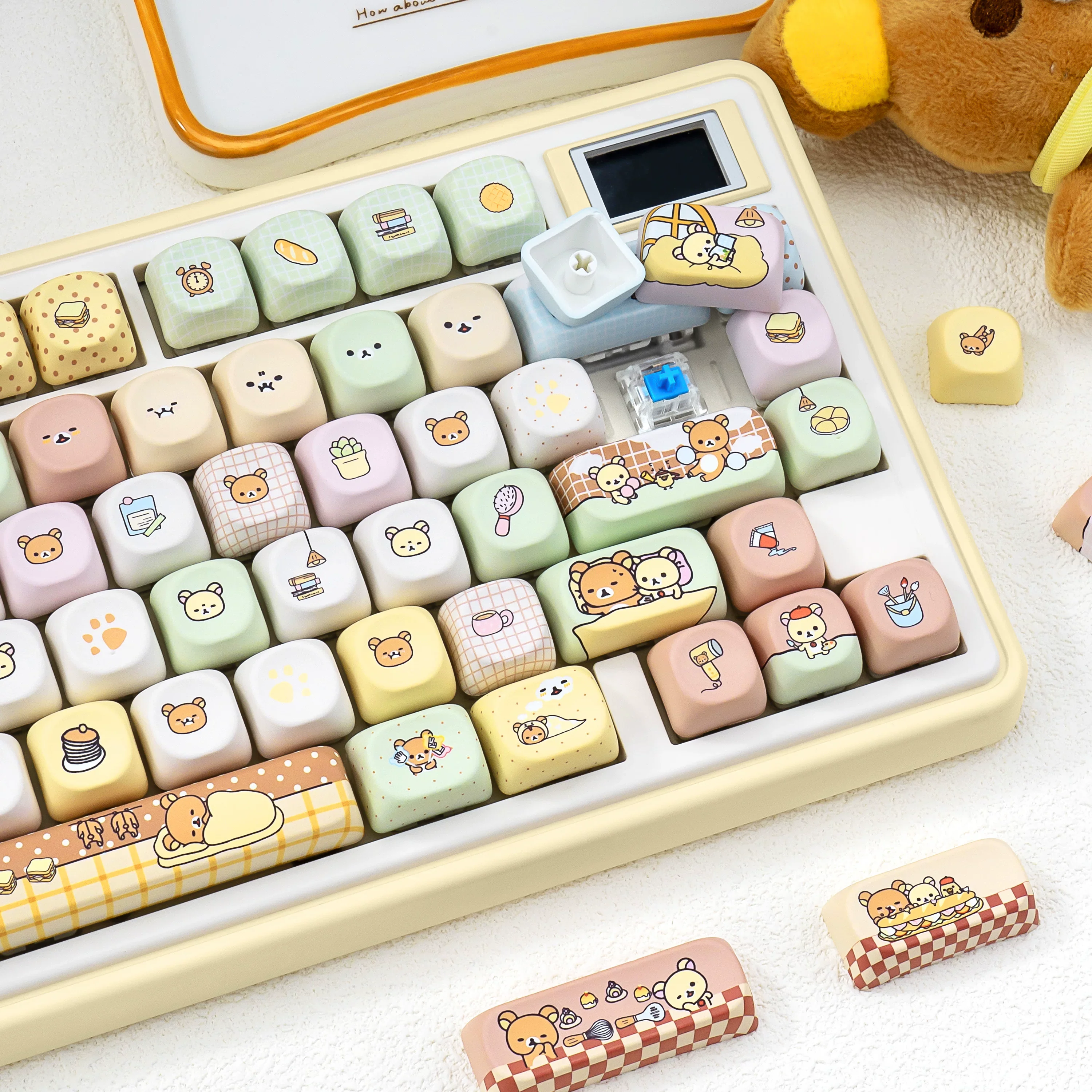 Cute Rilakkuma Themed Keycaps MOA Profile PBT Dye-Sub Spherical Custom Keycap Set for MX Switch Mechanical Keyboards Girls Gifts