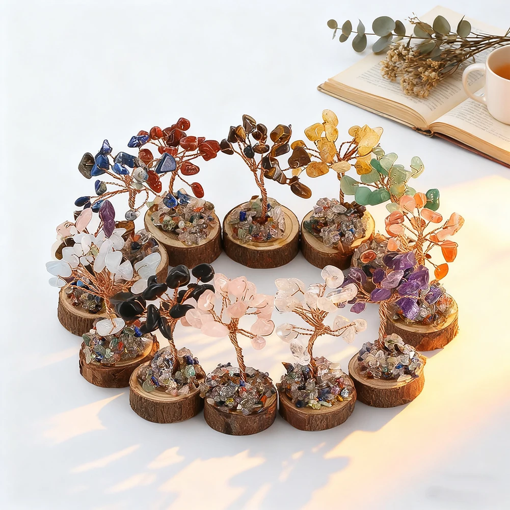 12 قطعة شقرا كريستال شجرة الحياة مجموعة التماثيل الحجر الطبيعي شجرة محظوظة صغيرة مع قاعدة خشبية الريكي شفاء فنغشوي ديكور المنزل