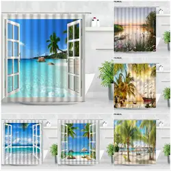 Tropical Landscape Shower Curtain 3D Open Window Ocean Beach Starfish Shell Palm Tree Scenery Waterproof Bathroom Decor Curtains