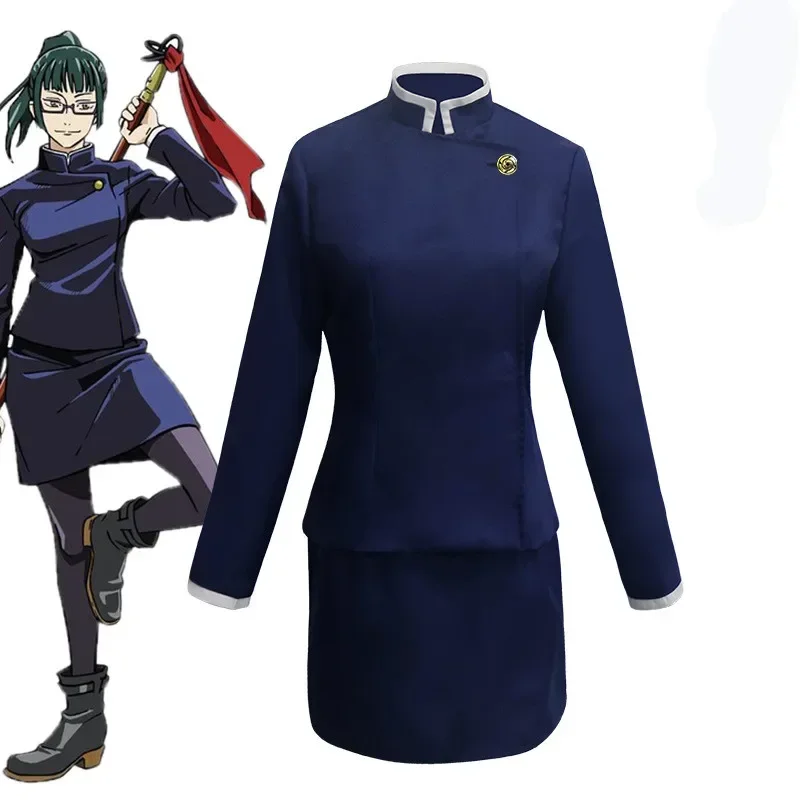 Anime Jujutsu Kaisen Cosplay Costume Maki Zen Top Skirt Zenin Maki Uniform Dark green Wig ponytail short hair Telescope sword