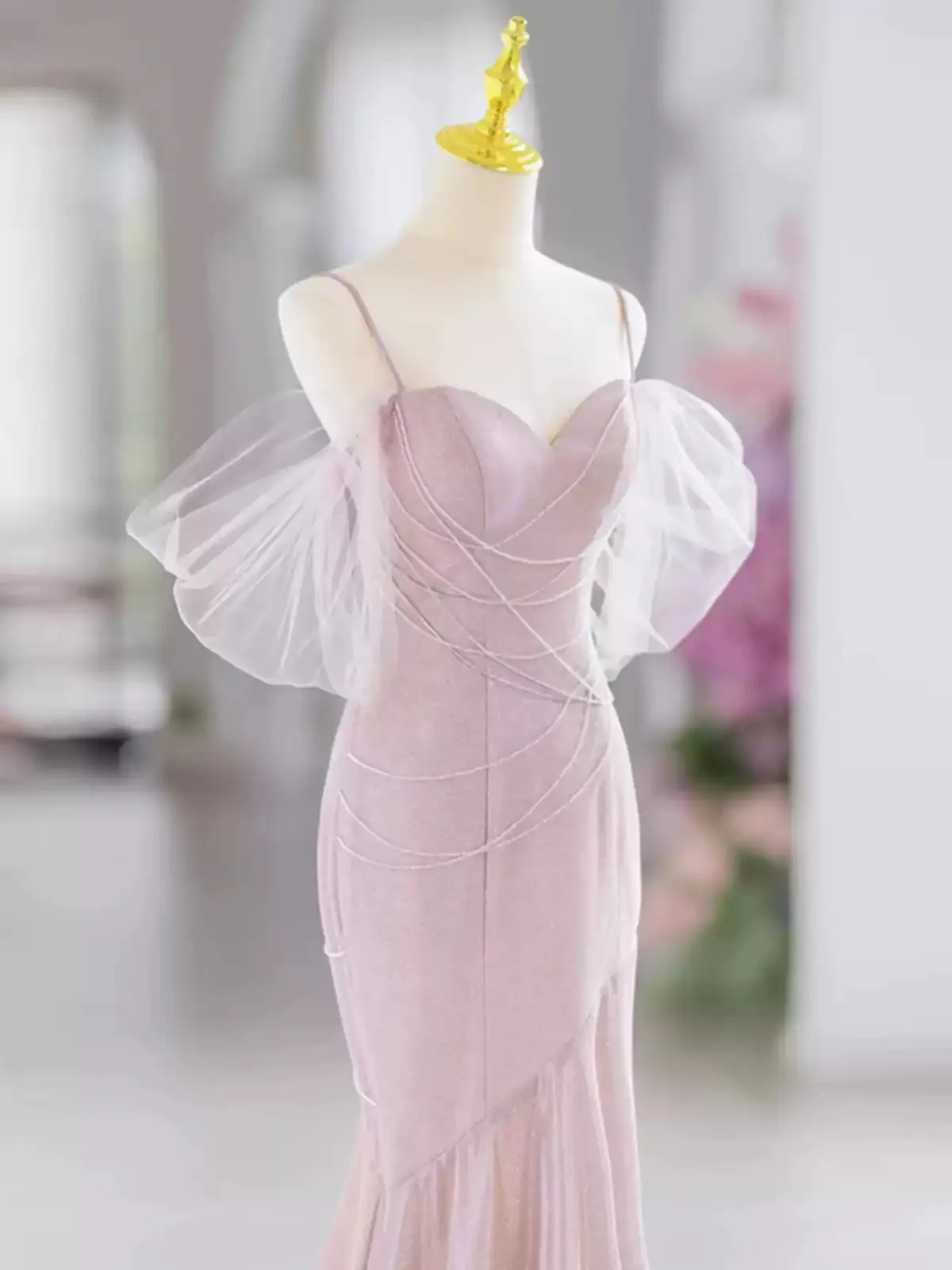فستان سهرة حورية البحر مثير وردي للحفلات الراقصة فستان سباغيتي سويب تراين للحفلات الراقصة
