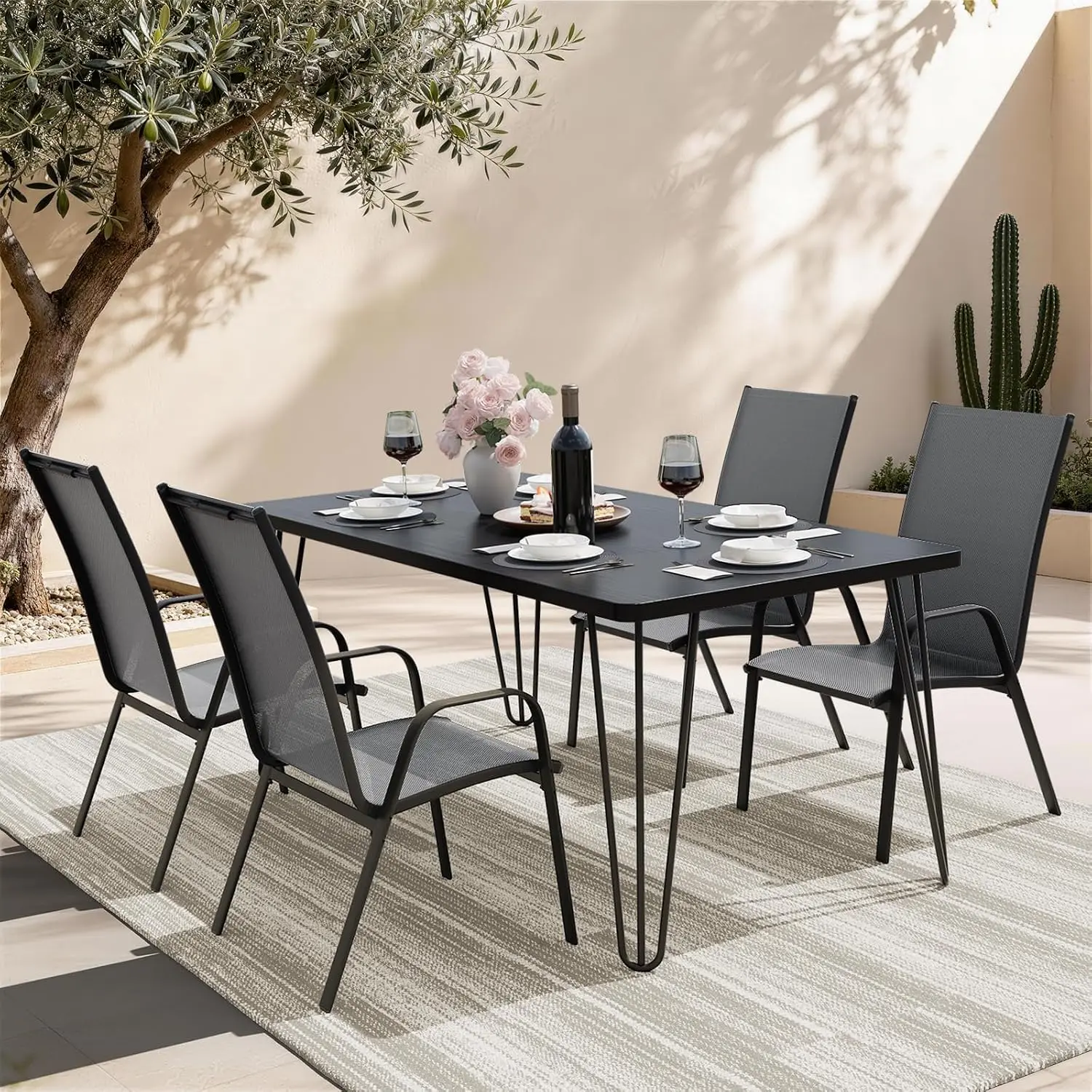 Deep Gray Stackable Patio Chairs 4-Pack, Textilene Steel Frame High-Back Seat for Lawn Garden Deck Poolside, Customized