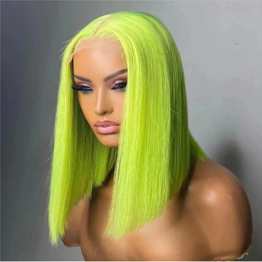 10Inch Light Green Bob Wig Human Hair Glueless 13x4 HD Transparent Lace Frontal Wig Human Hair Bob Wigs PrePlucked 180% Density