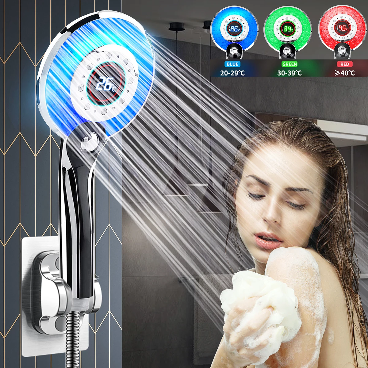 Cabezal de ducha LED con filtro Digital, Control de temperatura, 3 modos de pulverización, rociador de ducha, ahorro de agua, accesorios de baño