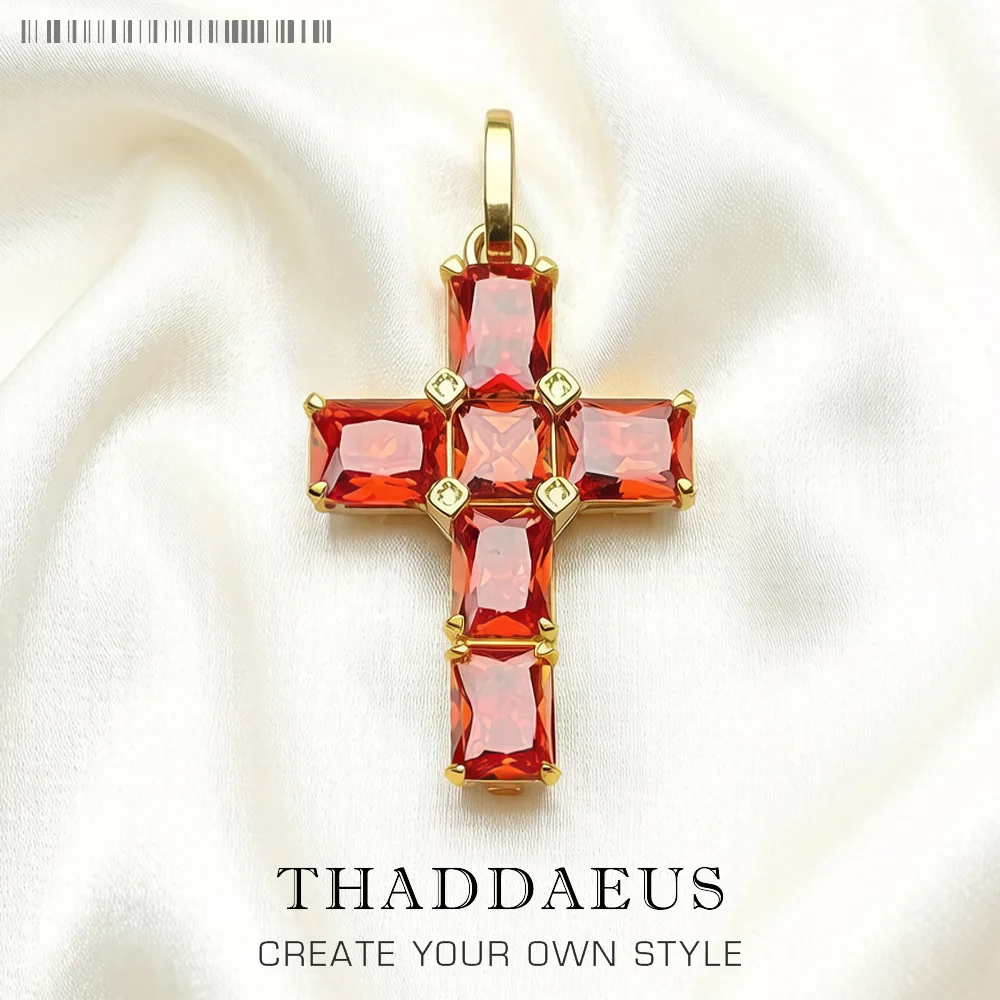 Goldenes Kreuz mit orangefarbenen Steinen-Anhänger, brandneuer edler Schmuck, Europa, 925er Sterlingsilber, Accessoires, Geschenk für Frau