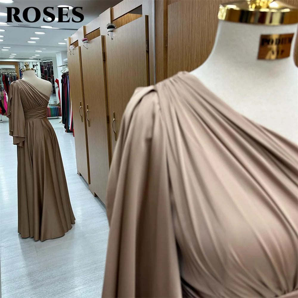 ROSES One Shoulder Pleat Evening Dresses Chocolate Prom Dresses Stain Beach فستان سهرة نسائي Floor Length Women Party Dresses