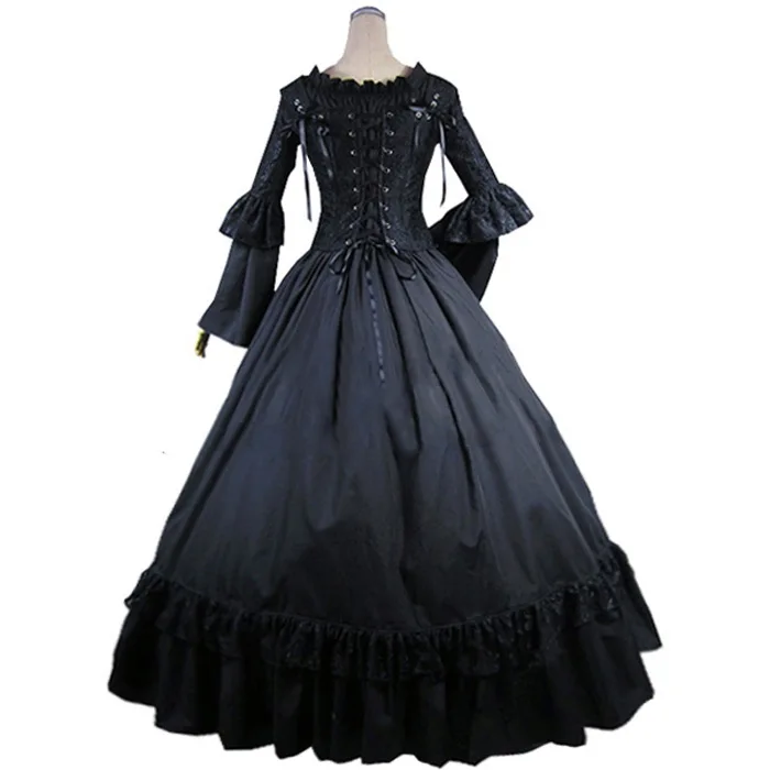 Women Victorian Steampunk Gothic Bustle Prom Dress Long Sleeve Black Lace Vintage Costume Vampire Ball Gown Evening Dress