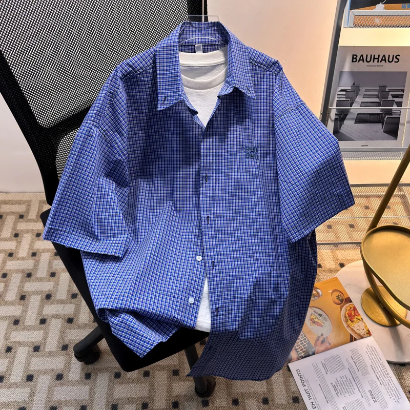 

Blue Plaid ort Sve Loose Fit Men's Summer irt Versatile Casual Sle Youthful Trendy Brand ex Hong Kong Sle Coup...