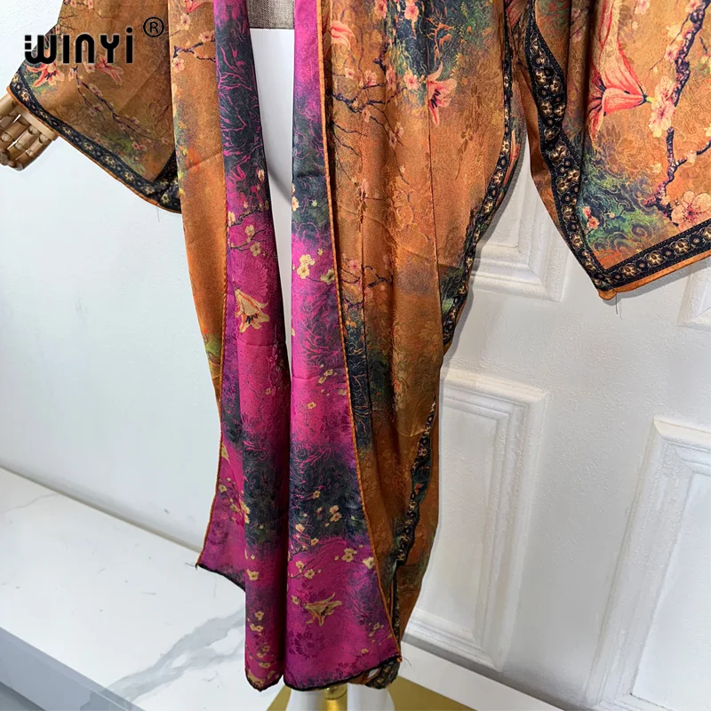 WINYI jesienna wysokiej jakości dwustronnie drukowana jedwabna sukienka plażowa kardigan w stylu Boho elegancka seksowna wakacyjna Kimono z długim