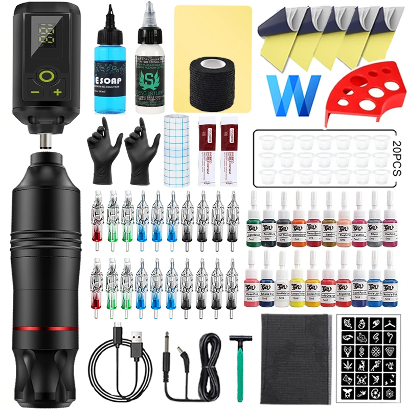 

Беспроводная тату-машинка, комплект, роторная ручка для татуировки, 1200 мАч, мини-мощность, 20 шт., картридж, игла, набор чернил, набор для татуировки для перманентного макияжа