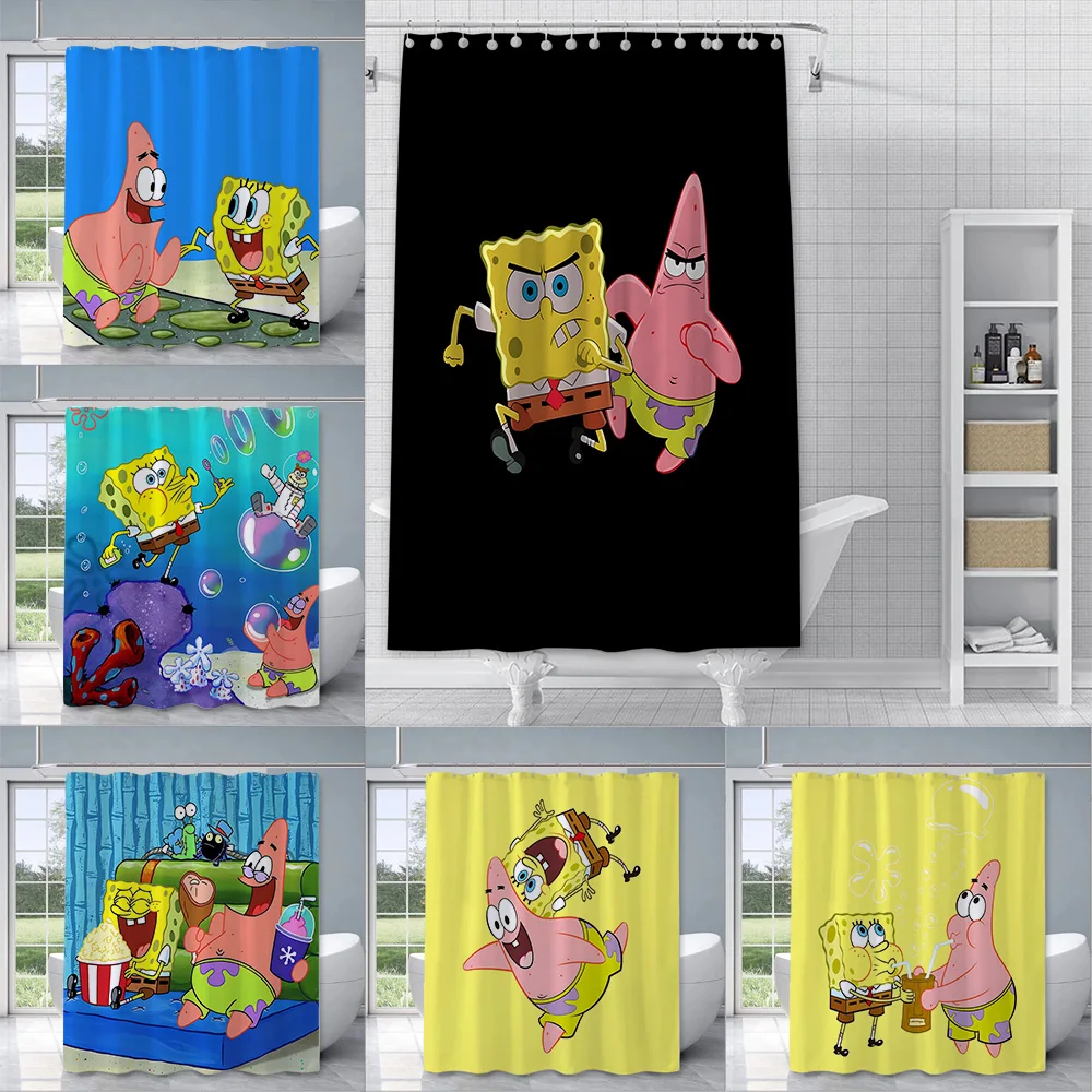 Funny Cartoon S-SpongeBob SquarePants  Shower Curtain Waterproof Polyester Fabric Paint Colorful Bath Curtains Curtain With Hook