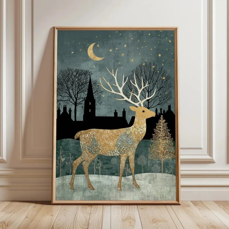 Vintage Folk Art Golden Deer Moon Star Town Christmas Canvas Poster Prints Frameless Wall Art Festive Winter Cozy Soft Decor