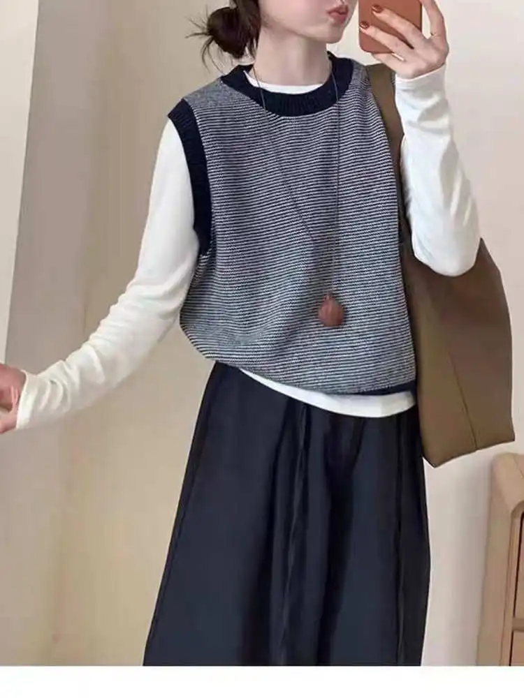 Korean Sle round Ne Knitted Woolen Vest Loose Fit Svel Top for Women Commute Autumn Winter Faion Striped Design