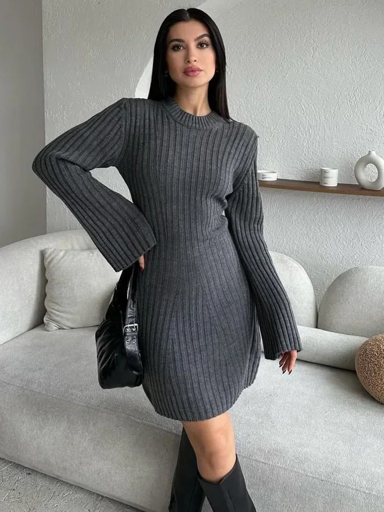 

Knit Ribbed Fashion Dress Female High Waist Loose Vintage Patchwork Elegant Commute Party Dress Knitwear Ladies MIni Dress