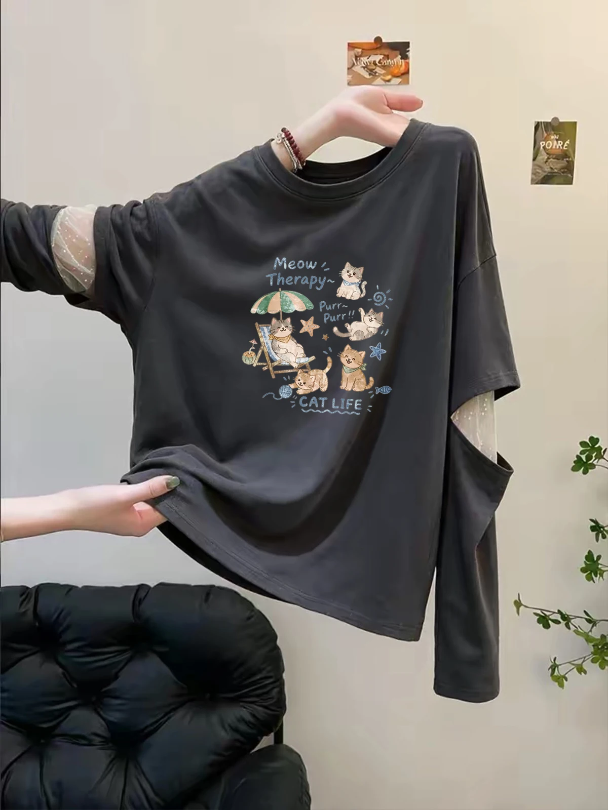 High-End Women's Long Sleeve T-Shirt Mesh Splicing Fake Two-Piece Autumn Fashion Versatile Beautiful Top Relaxing Style Creat...