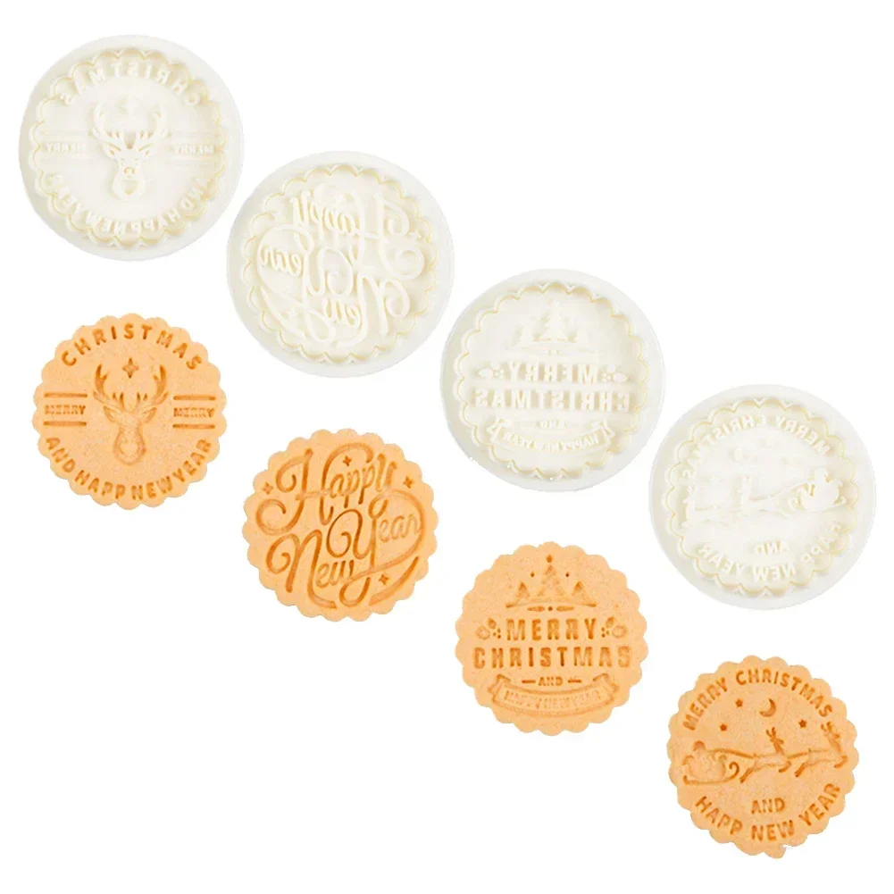 4Pcs/Set Christmas Biscuit Mould Cookie Cutters ABS Pastry Stamper Pressure Fondant Baking Mould Cake Decorating Tools ﻿