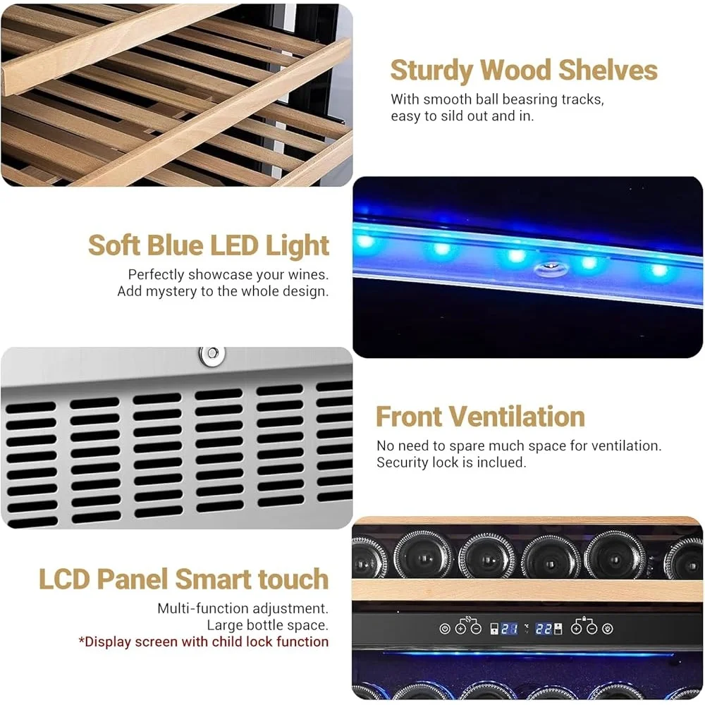 46 Bottles Dual Zone Wine Cooler Fridge Freestanding Built-in Refrigeration with Blue LED Light Quiet Compressor and UV