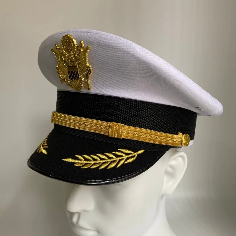 US Armed Dress Cap with Golden Eagle Badge White Captain Hat Uniforms Costume Party for Men Women