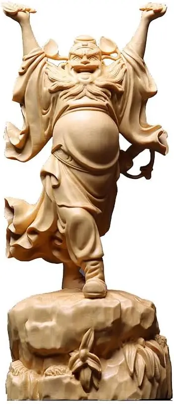 Fine-Crafted Cypress Wood Zhong Kui Statue Blessings and Fortune Figure Holding Bat, Solid Wood Tianshi Zhong Kui