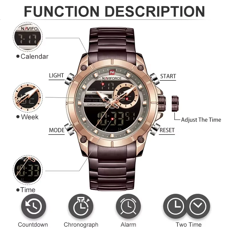 NAVIFORCE Luxury Original Sports Wrist Watch For Men Quartz Steel Waterproof Digital Fashion Watches Male Relogio Masculino 9163