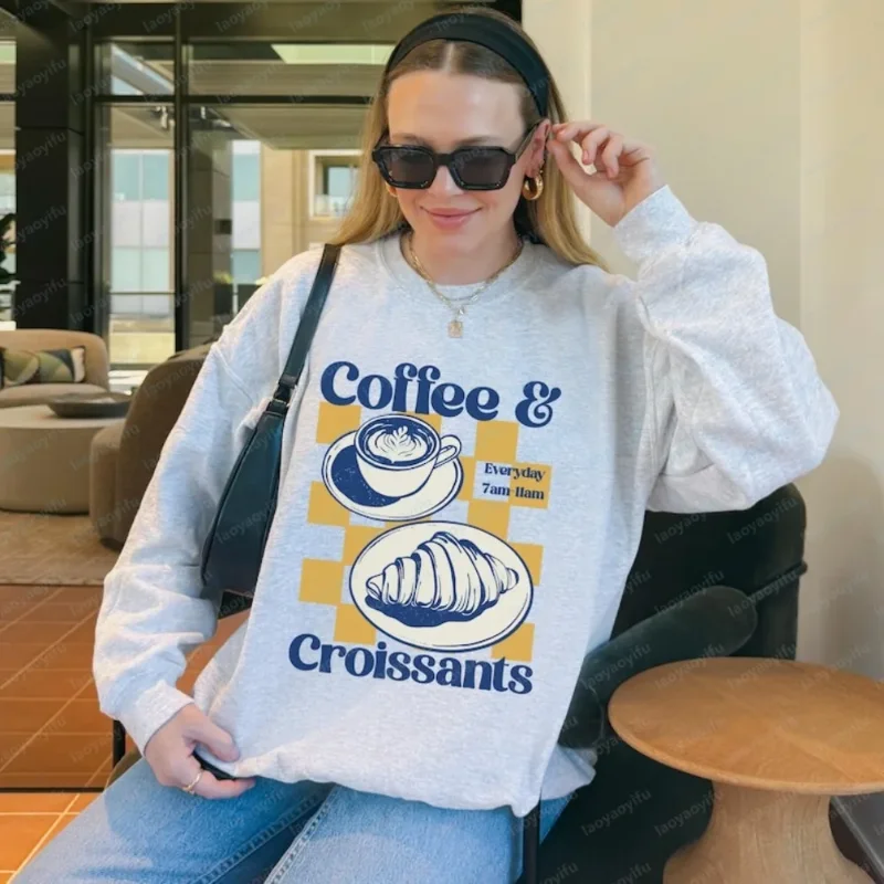 

Coffee and Croissant Shirt Breakfast Sweathirt Retro Café Shirt Coffee Lovers French Style Brunch Club Crewneck Downtown Girl