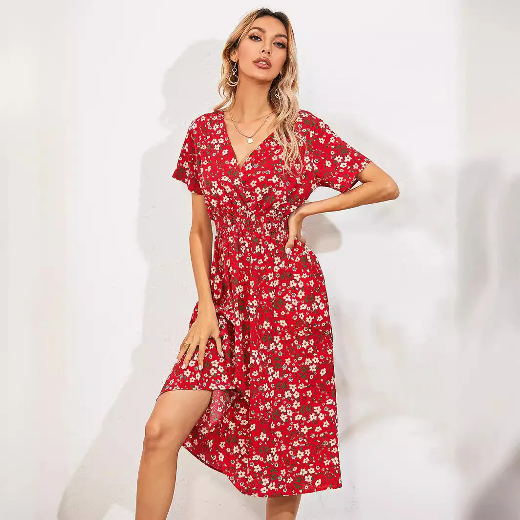 

2024 Women's New Summer Floral Print V-neck Waist Short-sleeved Fresh Dress Vestidos De Tricô Femenino