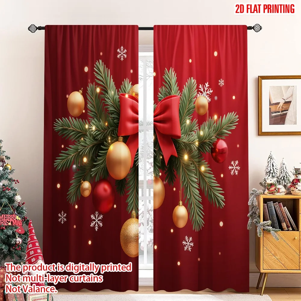 

2pcs 2D flat printing Merry Christmas Popular Drapes Golden Ornaments Red Bows Snowflakes Polyester Fabric Without Electricity