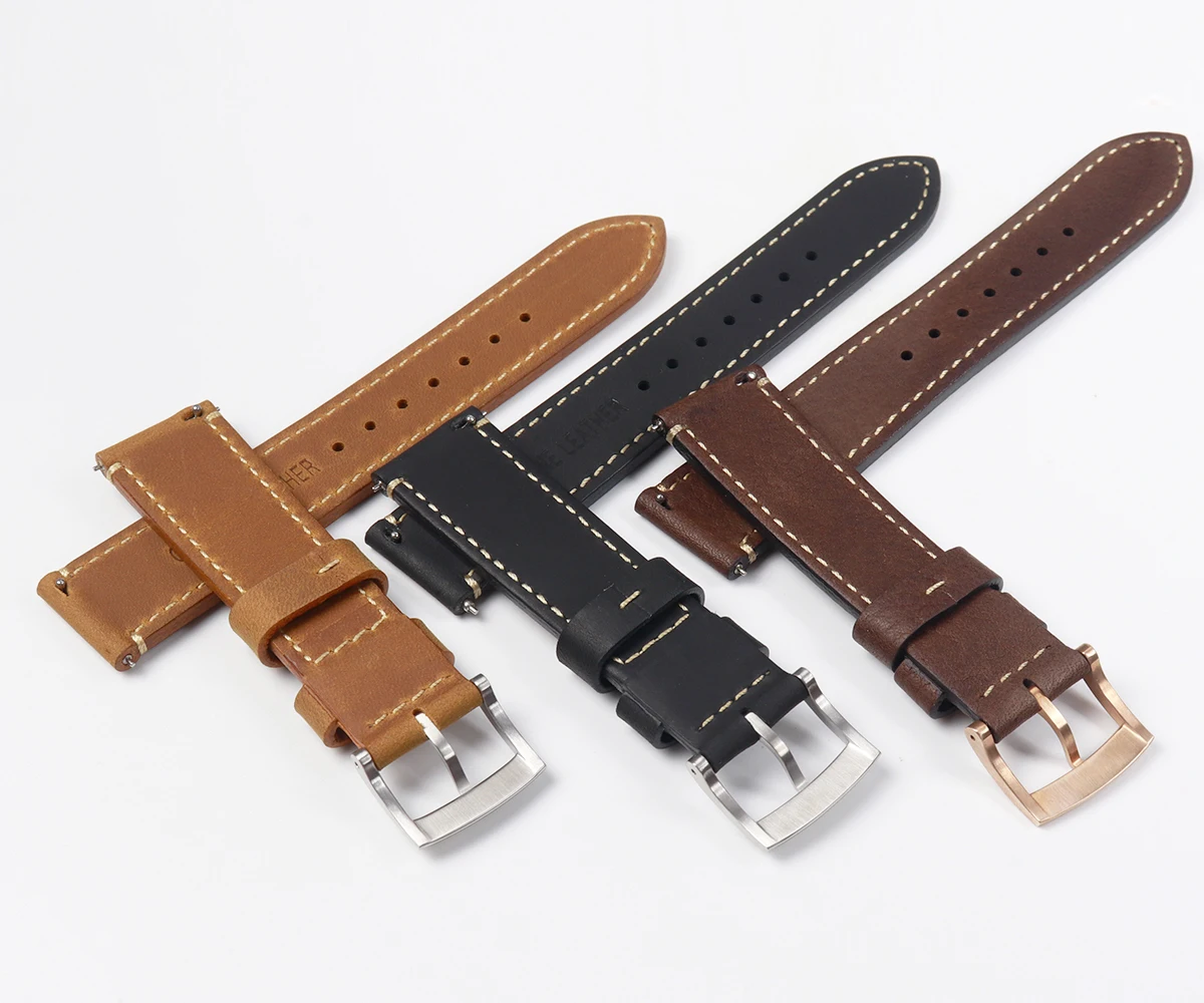 Cronos Leather Strap for Watch Flat Ends 20mm Bronze Tongue Buckle Stainless steel Brushed Buckle With Quick Release Spring Bars