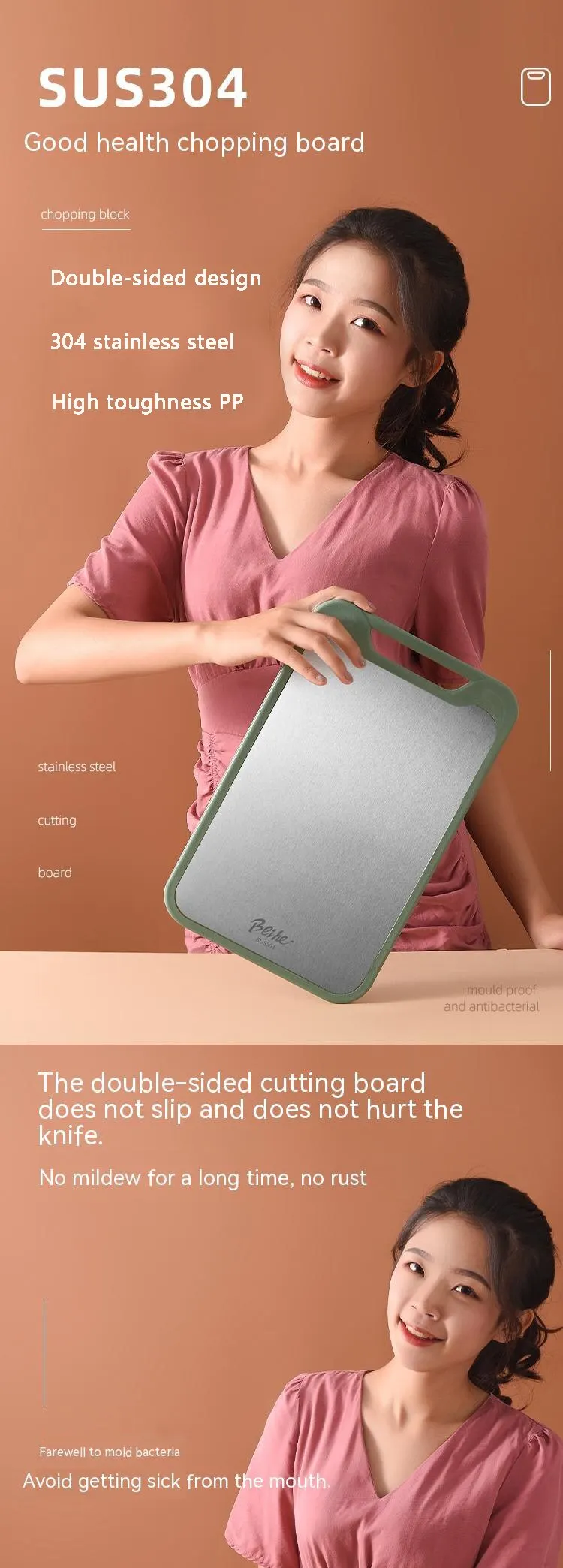 304 Stainless Steel Cutting Board Double-Sided Chopping Board Kitchen Fruit Cutting Board Kitchen Rolling Chopping Board