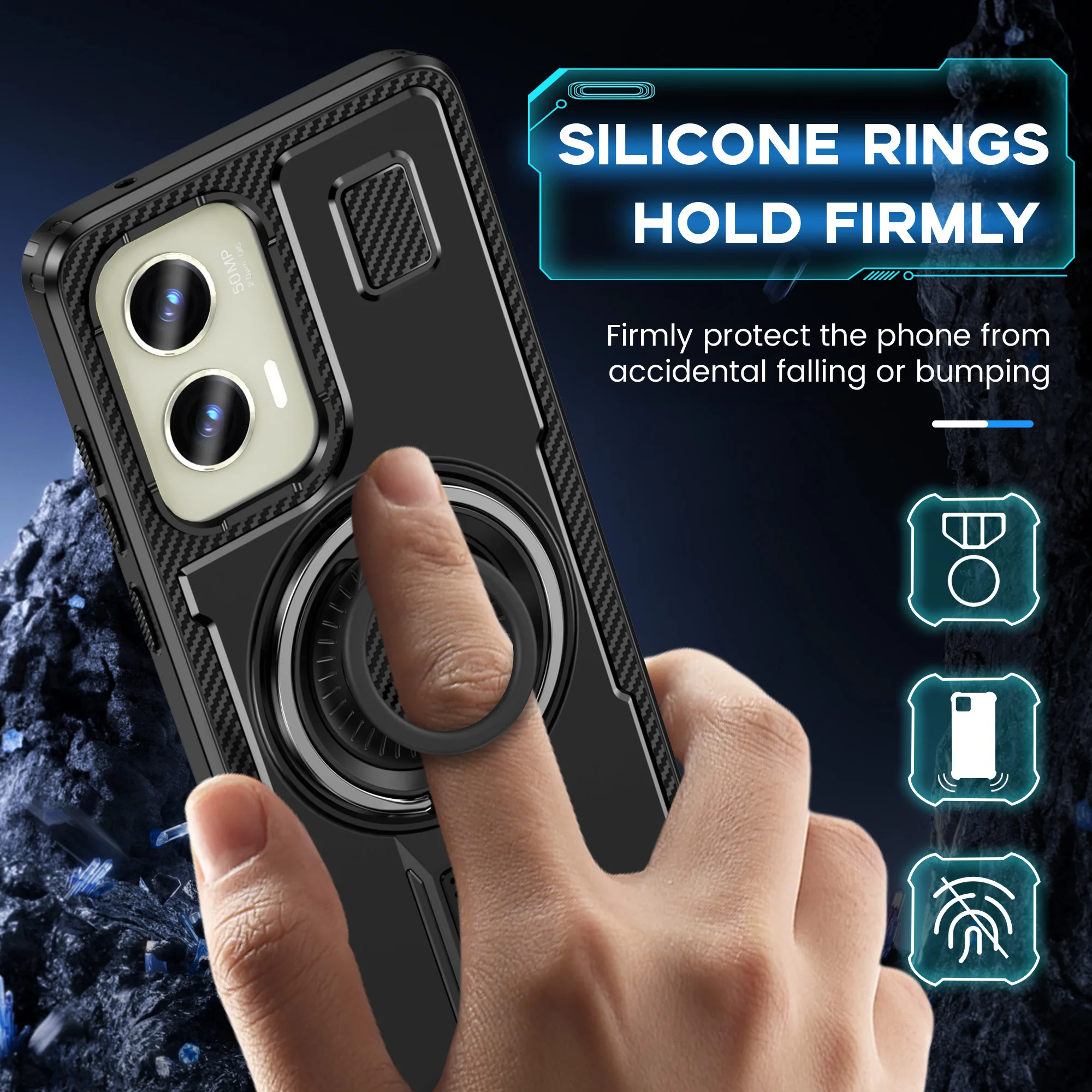 Luxury O-Ring Magnetic Stand Case for MOTO G Stylus 5G 2024 Military Grade Protection Defender Cover With Silicone Grip Rings