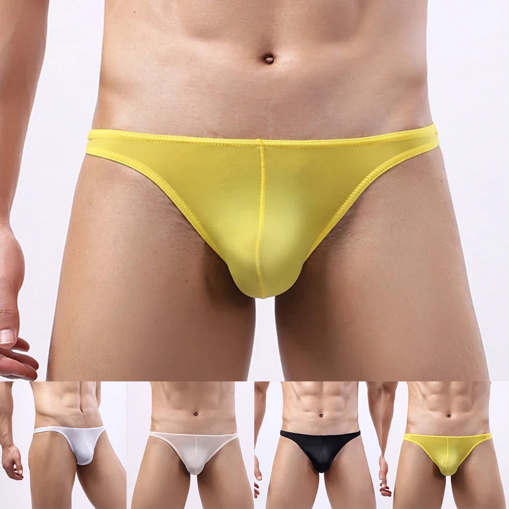 String en maille Sexy pour hommes, sous-vêtements avec poche bombée, toutes saisons, ajustement confortable, tissu en soie glacée léger