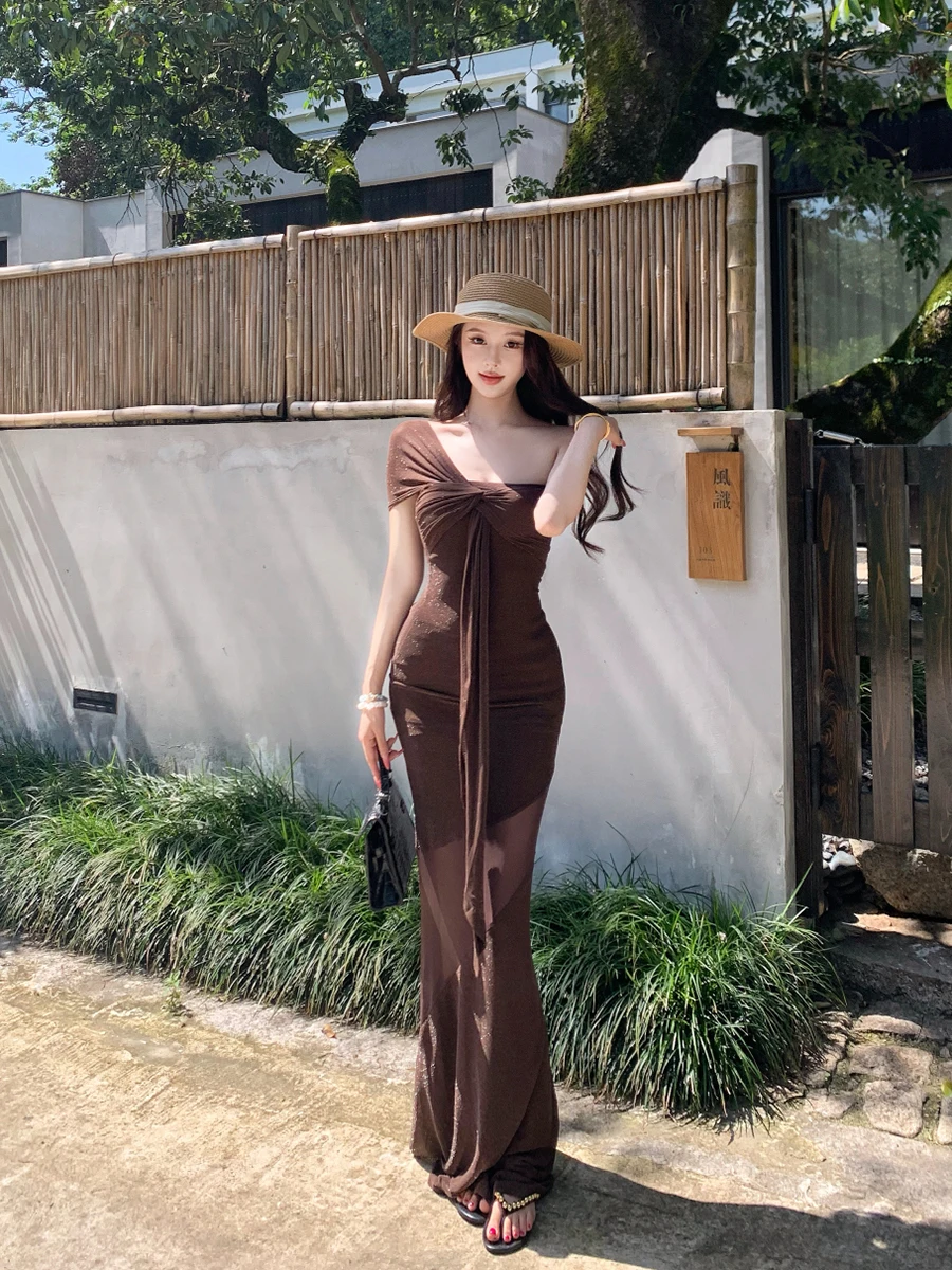 ReddaChic Vestido feminino com espartilho torcido e glitter, elástico, ombro de fora, rabo de peixe, maxi, malha longa, bodycon, festa, verão, noite, roupa de balada