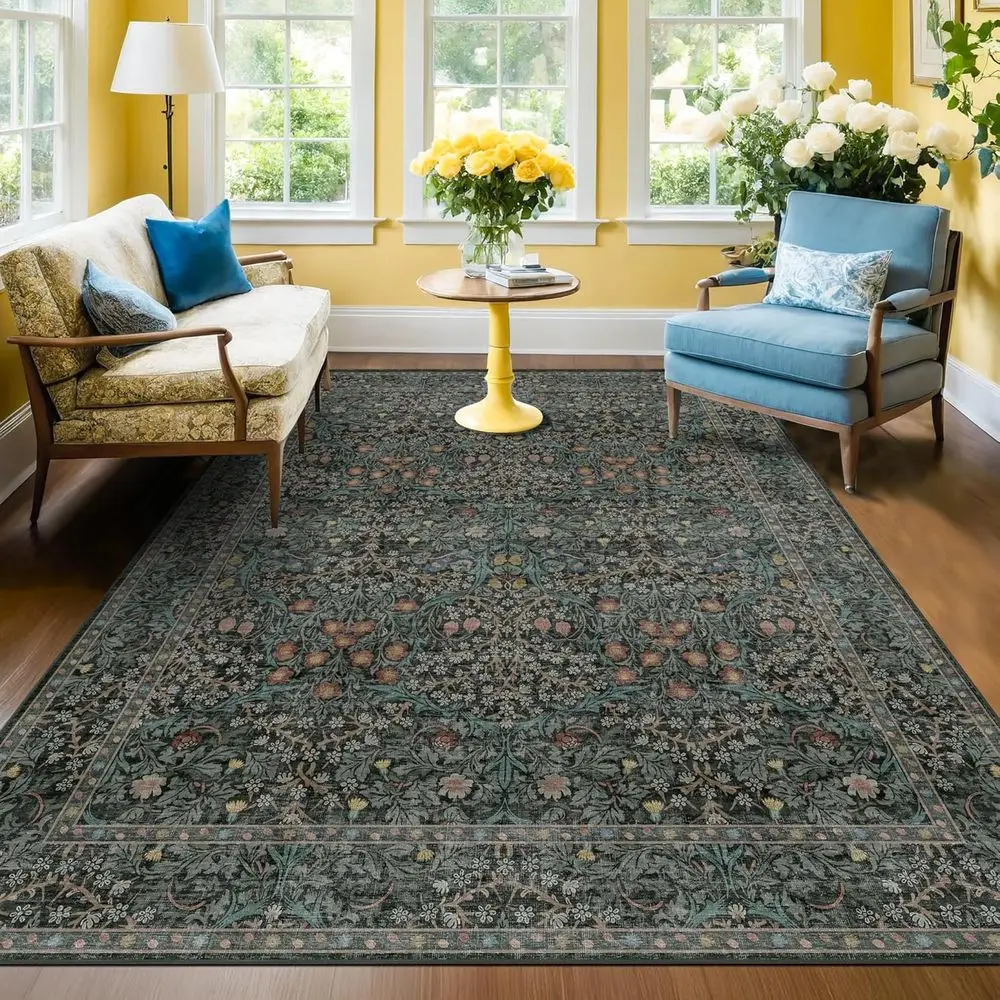 

Vintage Forest 5x7 Dark Green Floral Area Rug - Washable, Non-Slip, Stain-Resistant Boho Style Carpet for Living & Dining Rooms