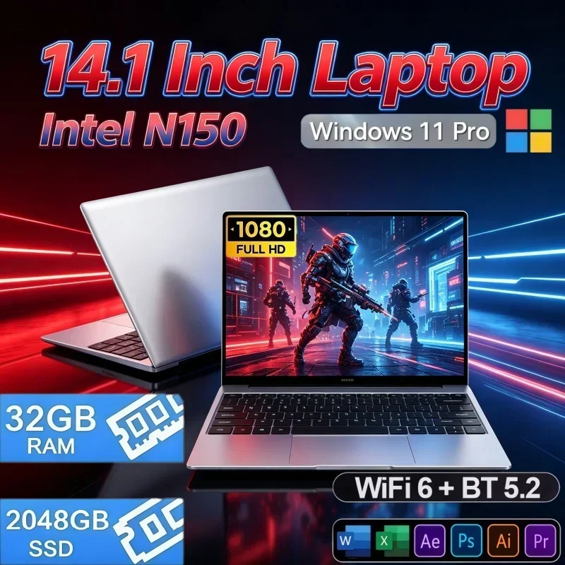 Portable 14.1" Laptop PC Intel N150 CPU Windows 11 32GB RAM 2TB SSD Big Capacity Notebook For Student Office Home Use