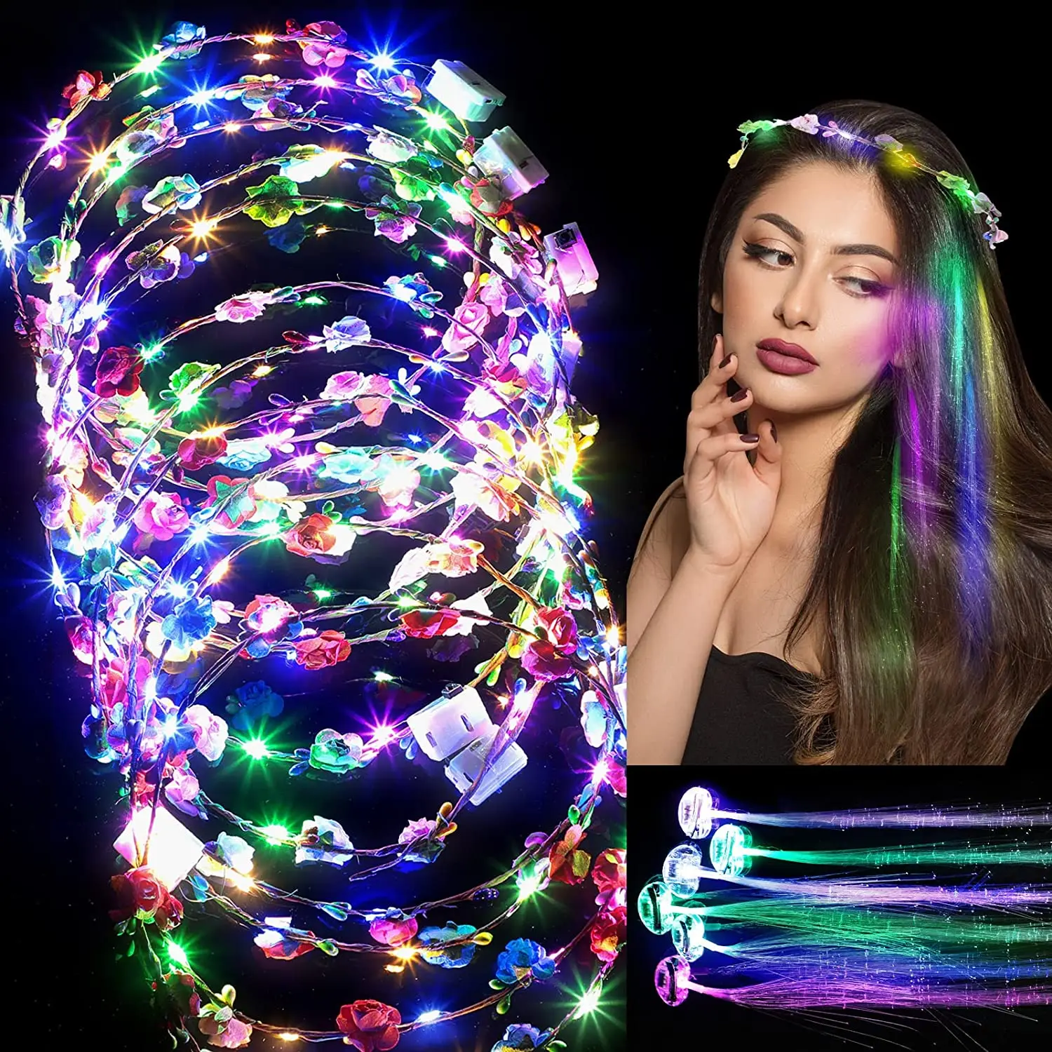 LED Flower Crown Wreath Headband Hairpin Party Supplies Glowing Luminous Fiber Optic Braid Extension Hairclip Barrettes 50pcs