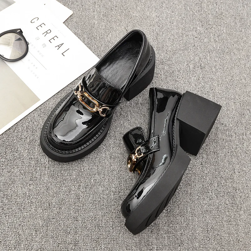 Women Pumps Loafers Chunky High Heel Platform Metal Chain Female Shoes Ladies Retro Fashion Round Toe Casual College Footwear