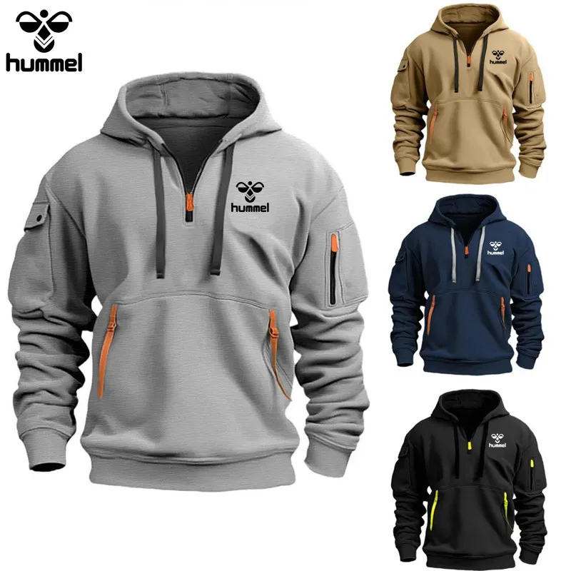 2024 New Brand HUMMEL Pocket Zipper Wool Hoodie Casual Shirt, Men and Women Plus Size Loose Pullover Fashion Sweatshirt Top