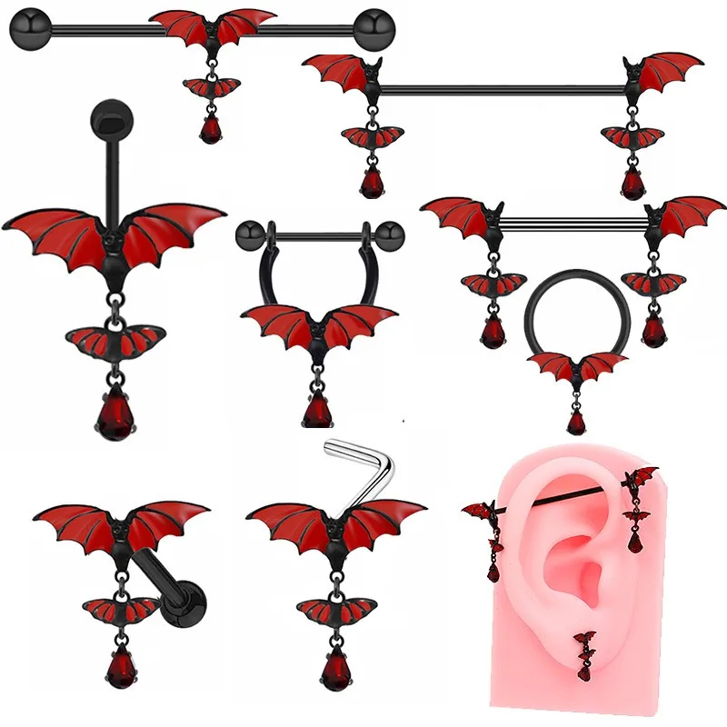 

2025 Bat belly button ring, nipple ring, water drop, nose stud earrings, red bat puncture jewelry wholesale