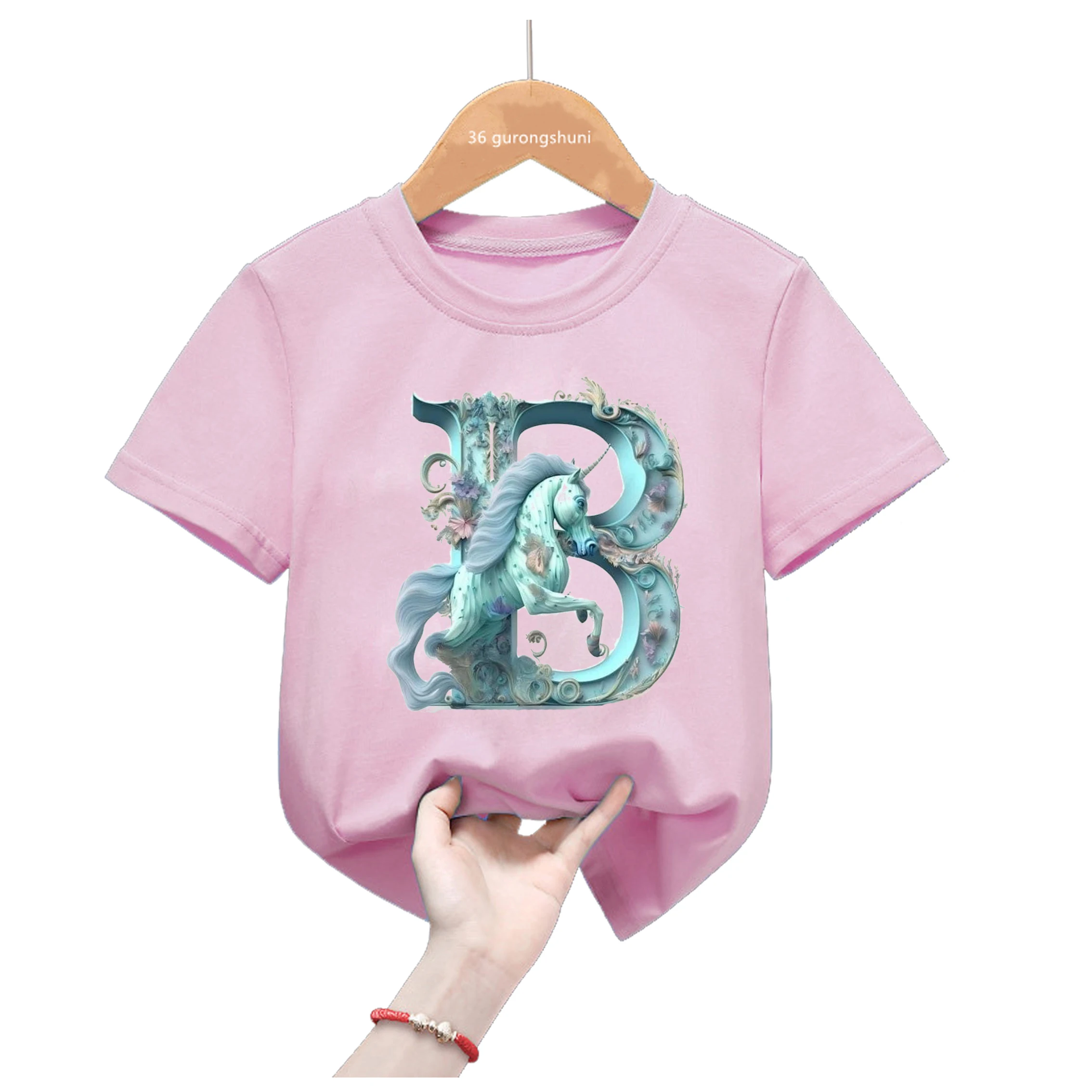 

Pink T Shirt For Girls Unicorn Alphabet Name Print Tshirt Harajuku Kawaii Kids Clothes Summer Fashion T-Shirt Streetwear