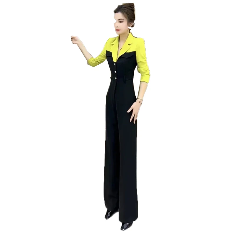 Fashion Jumpsuit Women\'s Summer Rompers New Short-Sleeved  Waist Was Thin Contrast Color Suit Collar Splicing Fake Two Slim Drap