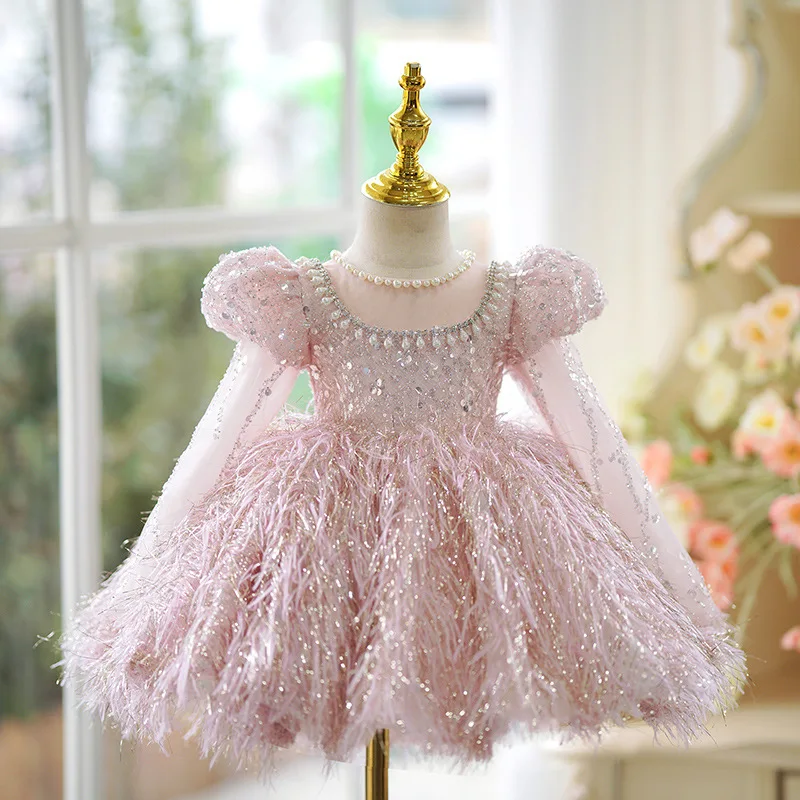 Luxus Mädchen Prinzessin Perle Pailletten blau Kinder Perle Tutu Hochzeitskleid Neujahr Kinder Kleider Baby Kleinkind Geburtstag Party Kleid